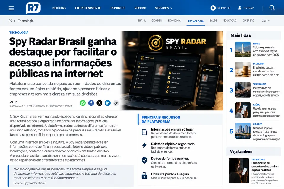 Matéria do portal R7: Spy Radar Brasil ganha destaque por facilitar o acesso a informações públicas